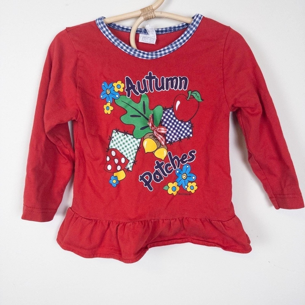 Vintage Healthtex 90s Red Ruffle Cottagecore Top Apple‎ Mushroom Patchwork 3T